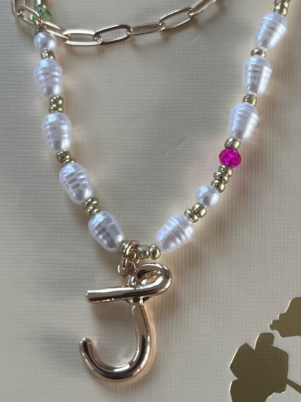 Emberly Gold Layered Necklace with Pearl Beads and Pink & Green Accents